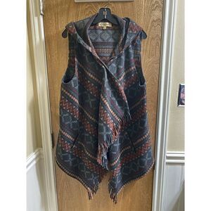 DEMOCRACY Gray Boho Western Pattern 1-Button Wrap Fringe Hooded Vest Sz L